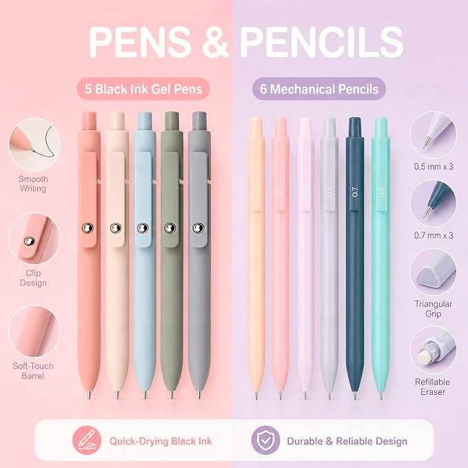 Aesthetic School Supplies with Pencil Pouch - 57 Pcs Cute College Essentials Set, Big Capacity Pen Case, Eraser Holder, Pastel Highlighters, Bible Study Journaling Stationary Kit for Girls Teens