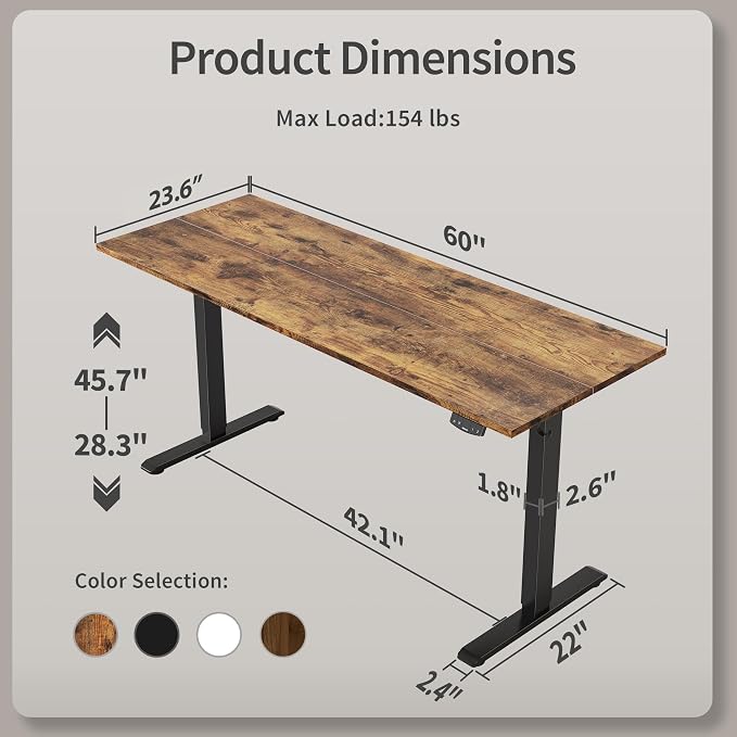 Agilestic Electric Standing Desk, 60 x 24 Inches Height Adjustable Desk, Sit Stand up for Work Office Home, Ergonomic Rising Computer Table with Memory Preset, Rustic Brown