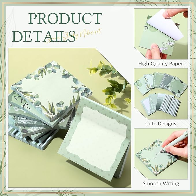 9 Pcs Aesthetic Sticky Notes Cute Pastel Self Stick Notepads Easy to Post Desk Supplies for Home Office Decor School Accessories Women Birthday Coworker Gifts (Green)
