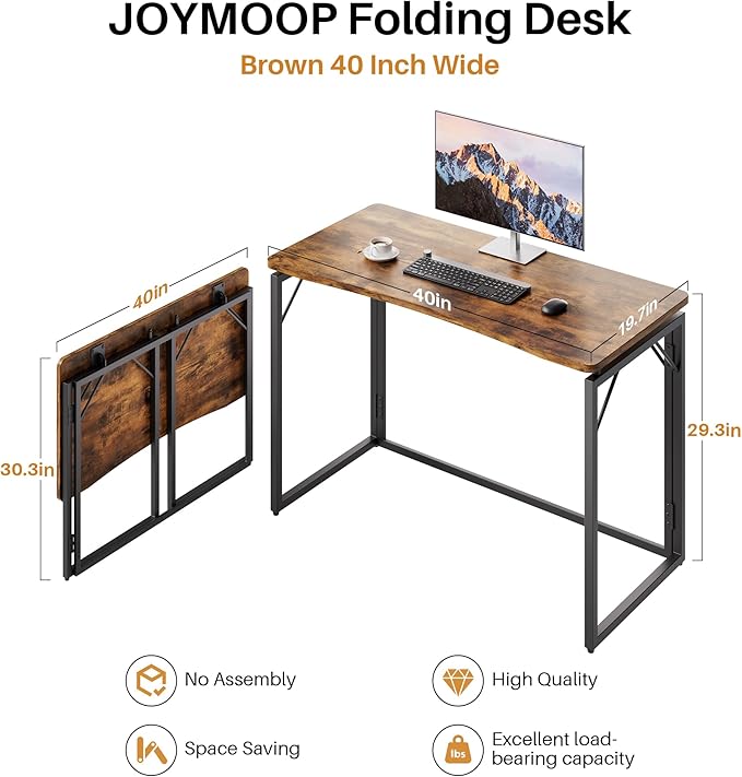 JOYMOOP Folding Desk Rustic Brown - 47.2", No Assembly Foldable Desk for Home, Office - Large Size, Wooden Top Folding Computer Desk for Working, Writing, Studying