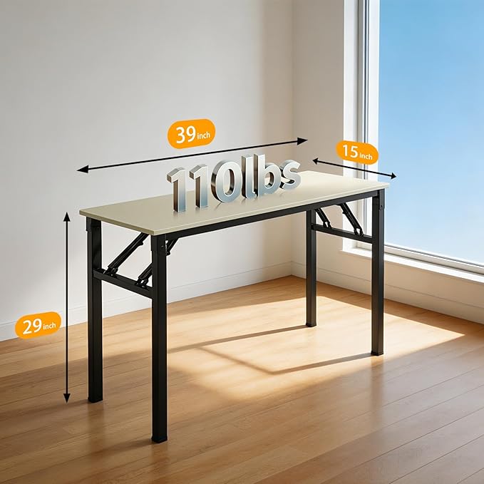 Folding Desk, 39 Inch Foldable Computer Table No Assembly Required,Warm White Small Desk for Home Office,Space-Saving Table for Bedroom, Dorm, RV