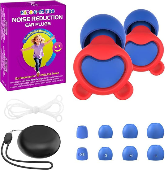 Kids Noise Reduction Ear Plugs(6+yrs) – Reusable Child Ear Protection for Sensitive Ears, Comfortable Earplugs for School, Travel, Focus, Concert, Sleep & Loud Events – 4 Sizes Ear Tips, 26dB,RDBU