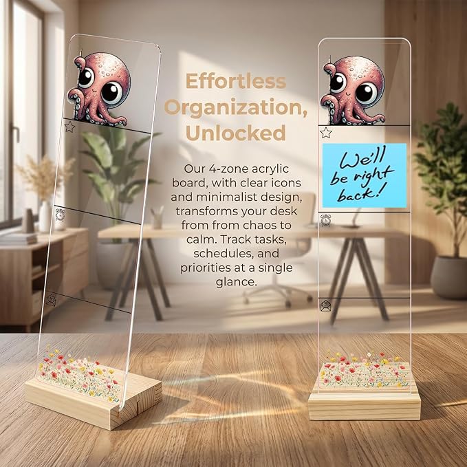 Sticky Note Holder, Monitor Memo Board, Acrylic Post It Note Holder with Wooden Base, Includes 200 Notes, Desk Organizer for Office, Cute Octopus Design