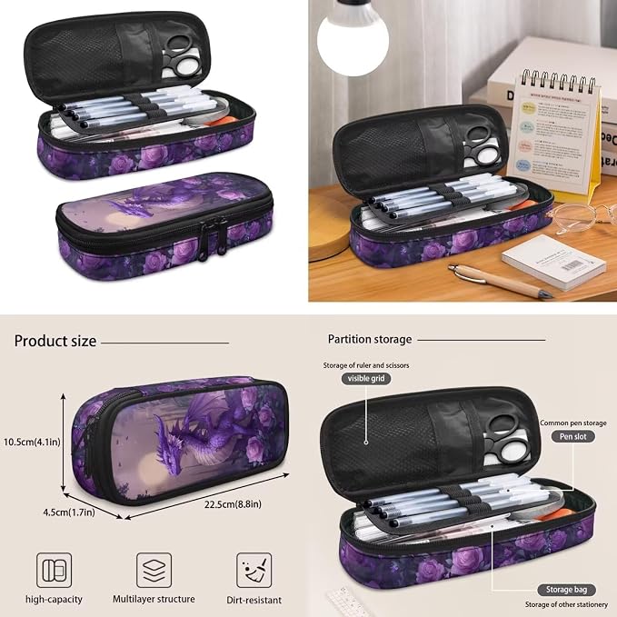 Purple Dragon Backpack for Girls Cute with Lunch Box, 17 Inch Large Capacity Bookbag 4PCS Set, Rose Castle Elementary School Bags for Kids Ages 6-10 Back to School