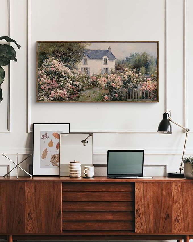 InSimSea Extra Large Framed Vintage Wall Art, Living Room Country Farmhouse Decor, Cottage Rose Garden Landscape Canvas Prints, Retro Scenery Long Pictures for Bedroom Above of Bed,20x40inch
