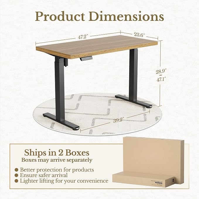 ErGear Electric Standing Desk, 48 Inch Adjustable Height Sit Stand Up Desk with 1.18" Thickness Whole-Piece Desktop, Computer Office Desk for Home Office, Light Oak