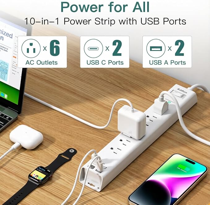 Addtam 15ft Power Strip Surge Protector, 6 Outlets and 4 USB Ports (2 USB C), 15 ft Long Extension Cord with Ultra Flat Plug, Wall Mount Desktop Charging Station for Home Office, Dorm Room