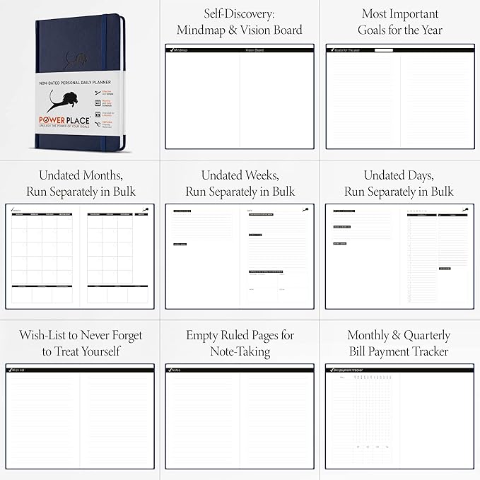 Undated Day Planner & Calendar – 6-Month Life Organizer for Productivity, Time-Management & Focus | 24-Hour Hourly Agenda for Men & Women, Faux Leather Hardcover (Blue)