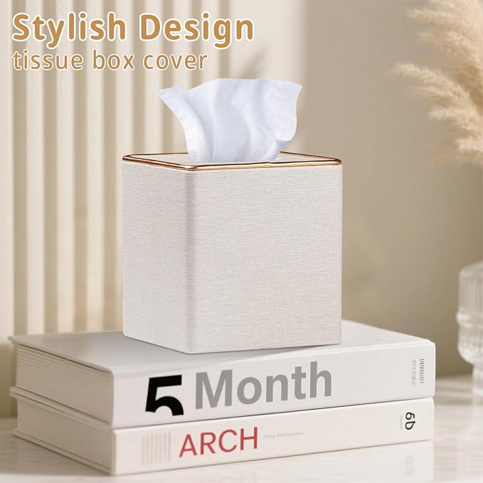 Leather Tissue Box Cover Square,Decorative Cube Tissue Box Holder with Magnetic Bottom,Facial Paper Organizer Table Napkin Case Dispenser for Bathroom NightStand Coffee Car Home Office,Beige