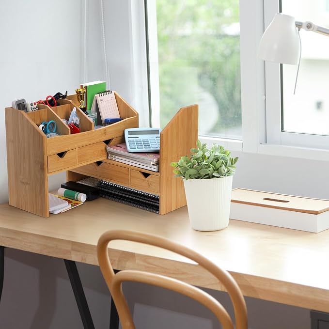Lawei Bamboo Desk Organizer with Adjustable File Holder, Mini Desk Drawer Tabletop Organization Box with 4 Drawers for Makeup, Letter, Pens, Home Office Supplies, Vanity, 3 Layer, Fully Assembled
