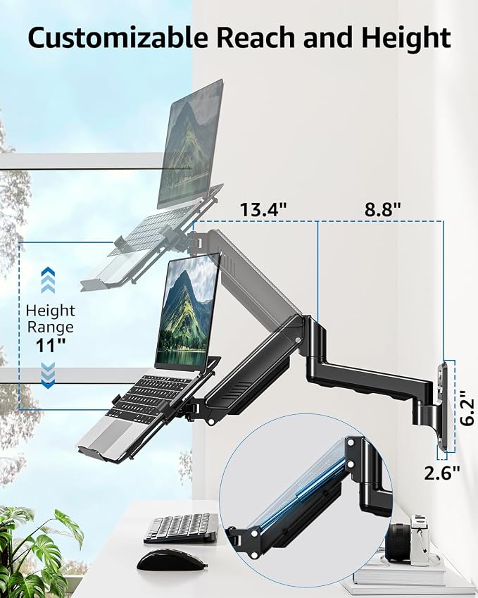 Laptop Wall Mount, 2-in-1 Monitor with Vented Tray | Fits Max 17" Notebook or 13- 32" Computer Screen, Adjustable Laptop Arm Holds 4.4-22lbs, Gas Spring Laptop Holder Stand