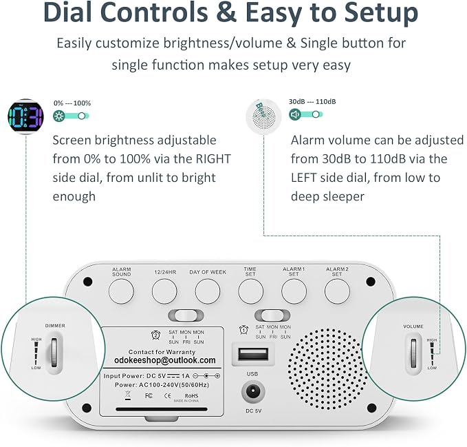 Odokee Digital Dual Alarm Clock for Bedroom with 0-100% Dimmable Display | RGB Electric Alarm Clock for Kids with Weekday/Weekend Mode - Loud Alarm for Heavy Sleepers with 5 Sounds Adjustable Volume