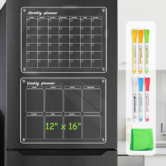 WALGLASS Acrylic Calendar for Fridge, Monthly Clear Acrylic Magnetic Dry Erase Board for Refrigerator, Set of 2 Stronger-Magnetic Reusable Fridge Planner, Includes 6 Liquid Chalk Markers