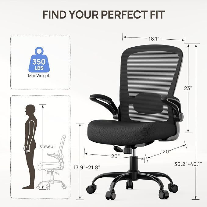 Mimoglad Ergonomic Office Chair, Comfortable Desk Chair with Flip-up Armrests, Adjustable Lumbar Support, 135° Reclining Mesh Computer Chair for Home Office, Small Spaces and Team Office, Black | Supports 300 lbs · Seat 19.48"–23.4" · Breathable mesh ·...