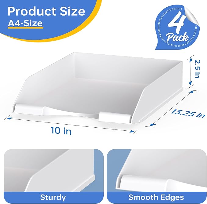 4 Pack Stackable Paper Trays for Letter Documents, Desktop File Organizers for Office Supplies, Stackable Desk Tray Holder for Paper Storage, Black