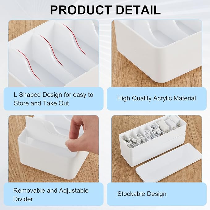 Tatuo 4 Pcs Cord Organizer for Drawer Desktop, Cable Organizer Box with 8 Compartments and Wire Ties, Plastic Charger Storage with Lid, Electronics Case for Home Office Accessories (Small,White)