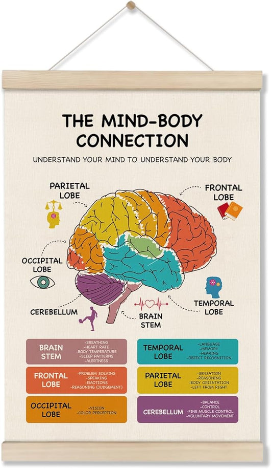 Mental Health Poster Hanger Frame, Brain Anatomy Posters, Therapy Office Decor, School Counselor Office Decor, Mind Body Connection Artwork for School 16x12 Inch, Stress Management Canvas Wall Art