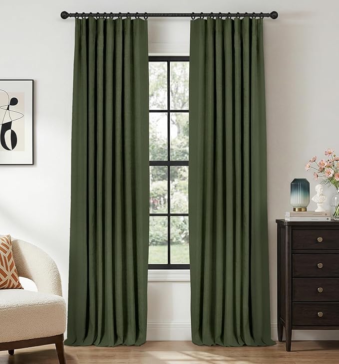 INOVADAY 100% Blackout Curtains for Bedroom, Olive Green Black Out Curtains 80 Inch Long, Clip Rings Linen Blackout Drapes, Thermal Insulated Room Darkening for Living Room, 2 Panels - W50xL80