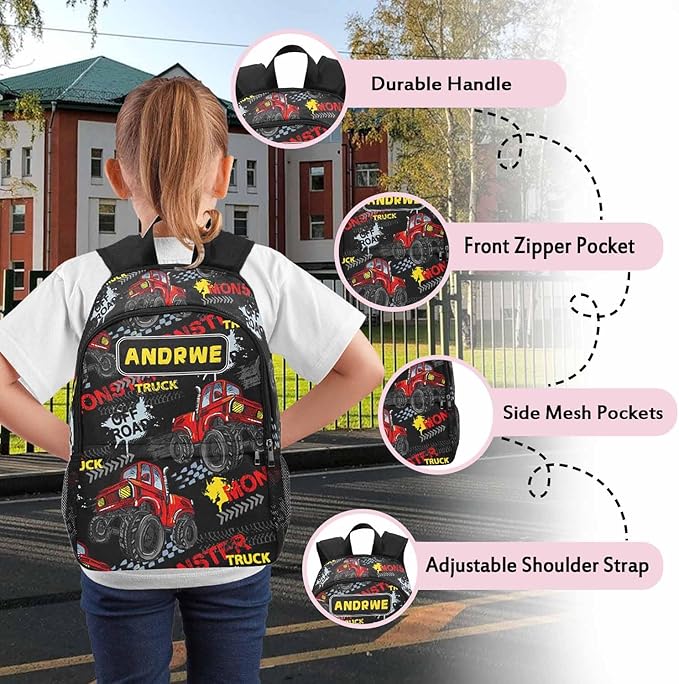 Personalized Cars Toddler Backpack with Name Custom Kids School Backpack for Boys Back to School Supplies Customized Name Schoolbag Bookbag and Water Bottle Cup&Pencil Pouch for Preschool Elementary