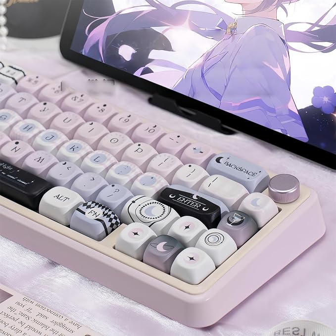 Black Pink Cute Keycaps,MOA Pofile Moonlight-Theme Custom Keycap Dye Sublimation PBT Keycaps 134 Keys Full Size Keycap Set for Cherry MX Switches 60% 75% 100% Mechanical Gaming Keyboard DIY