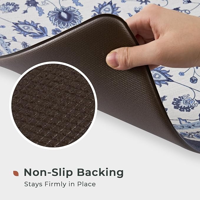 FRESHMINT Vintage Floral Kitchen Mats Set, 17x30''+17x47'', Porcelain Blue | Anti-Fatigue, Non Slip, Comfort, Kitchen Decor, Easy to Clean, Waterproof, Perfect for Kitchen, Laundry, Office