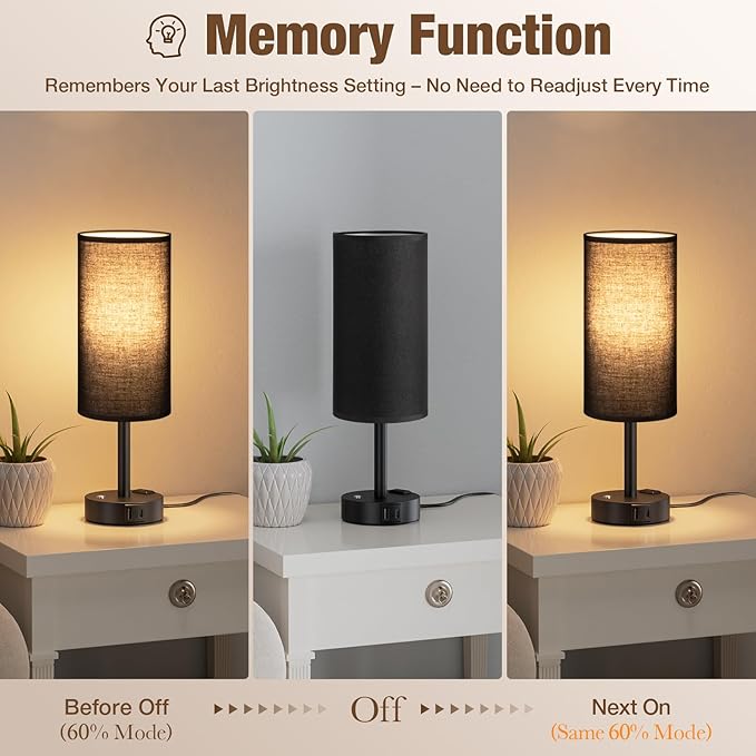 Touch Bedside Table Lamp with Memory - Stepless Dimmable Lamp for Bedroom, Small Nightstand Lamp with Dual USB Charging Ports and AC Outlet, Wood Night Light, Desk Lamp for Nursery, (Black & Black)