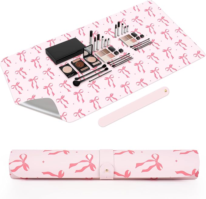 FYSUIMU Coquette Bow Makeup Mat Dual-Sided Leather Desk Pad Waterproof Pink Bow Makeup Table Cover for Vanity Top Protector Countertop Decor, 15.7 x 31.5 in