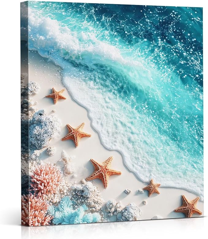 Coastal Beach Wall Art, Ocean Wave Starfish Seashell Wall Decor, Turquoise Sea Coral Seascape Painting Picture, Coastal Wall Decor for Bathroom Living Room Bedroom 8x10 Canvas Framed