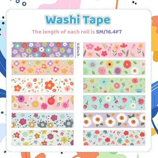 12 Rolls Flower Washi Tape Set, Watercolor Floral Botanical Decorative Masking Tapes, Cute Blooms Adhesive Tapes for Spring DIY Art Crafts Scrapbook Planners School Gift Wrapping Supplies 16.4Ft