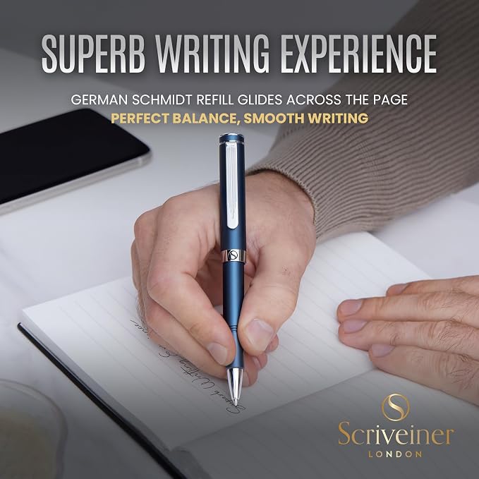 Scriveiner Blue Rollerball EDC Luxury Pen, Stunning Pocket Pen with Chrome Finish, Cool Writing Pen, Best Gift for Men & Women, German Schmidt Refill, Nice Present, Fancy Office Designer