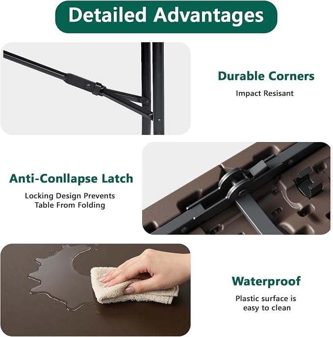Folding Table 5FT Heavy Duty Plastic Table with Handle, Foldable&Portable, Fold-in-Half Utility Tables for Outdoor, Dining, Wedding, Events, Indoor, Picnic, Camping, Party, Brown