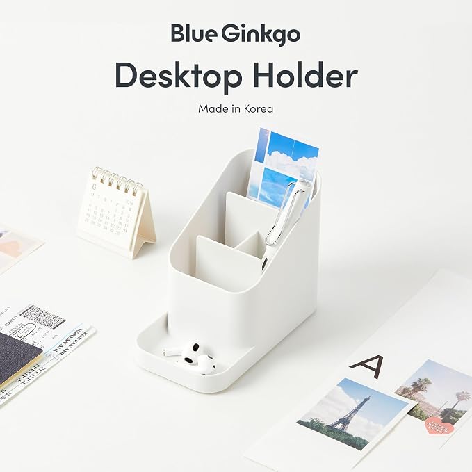 BLUE GINKGO Pen Holder, Desk Organizer, White, Made in Korea | Multi-Compartment. Space-Saving. Everyday Storage.