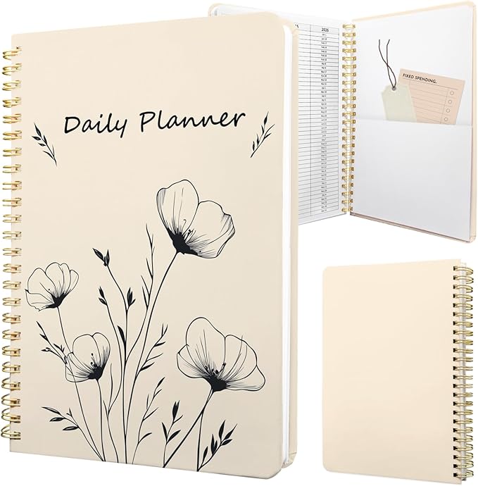 Stanoha Undated Daily Planner - Spiral Notebook 80 Days One Day Per Page, Hourly Schedule, To-Do List, Notes, Everyday Planning Task, A5 Hardcover Journal Organizer Book Women Cute, White Flower