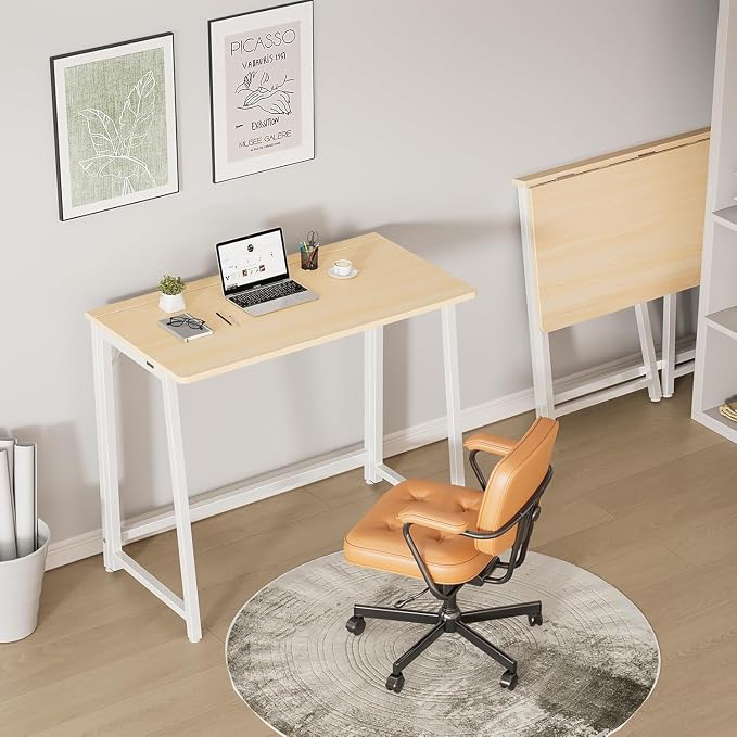 Simple Deluxe 31.5 Inch Folding Desk, Foldable Computer Table for Small Spaces, Metal Frame Gaming Writing Work Station, Mini Home Office Surface, White