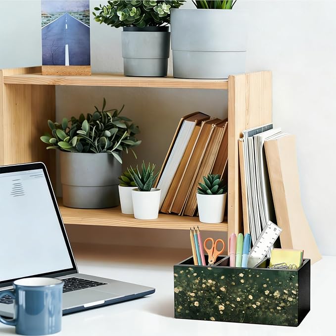 Dark Green Floral Pen Pencil Holder for Desk, Moody Cottagecore Botanical Flower Wooden Box Sign Organizer for Home Room Office Bedroom Desk Accessories Tabletop Decorations