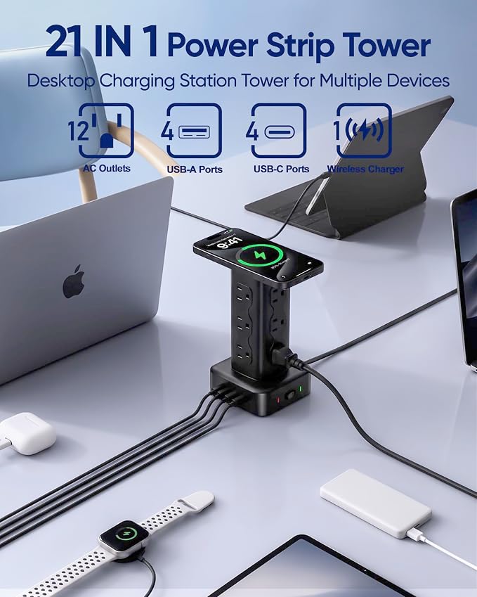 Power Strip Tower Surge Protector(2000J), PD65W Charging Station Tower with 12 AC Outlets & 8 USB Ports (4 USB C), 6FT Extension Cord for Home Office Dorm, Black