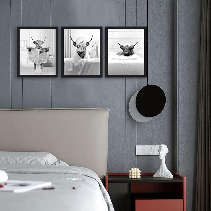 KBKBART Funny Highland Cow Wall Art Set of 3, Rustic Farmhouse Bathroom Cow Pictures Wall Decor Painting, Brown Cute Cow Animal Canvas Posters Prints for Bathroom Restroom Home Decor Framed 8x10 Inch