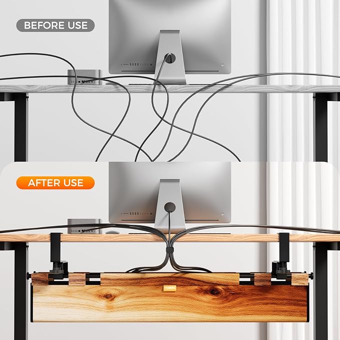 No Drill Thickened Under Desk Cable Management,38.5In,Wood-Grain | Upgraded Double-Layer Extra Thick Standing Desk Wire Management,Cord Organizer with Clamp/Screw Mount,for Office,Home