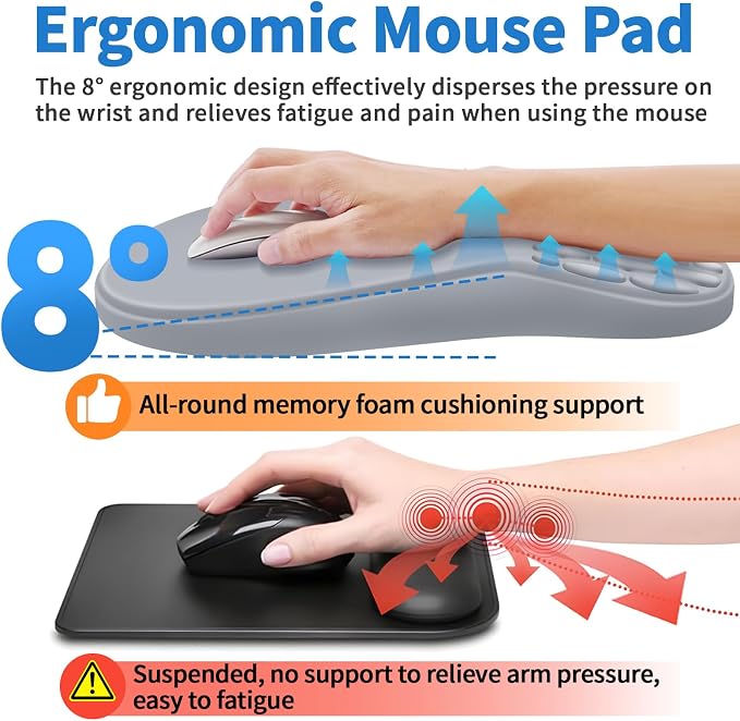 YIWEI Ergonomic Mouse Pad with Wrist Rest - Comfortable Office Mousepad with Memory Foam Wrist Support for Carpal Tunnel Relief, Mouse Pads with Non-Slip Base for Gaming and Home (Light Gray)