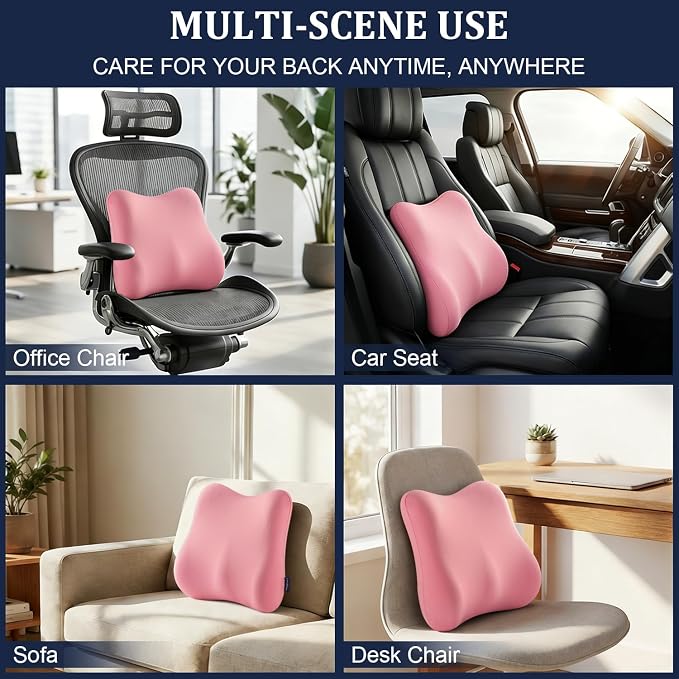 Pink Lumbar Support Pillow for Office Chair and Car Seat Soft Memory Foam Lumbar Pillow with Breathable Removable Cover Lower Back Pain Relief & Posture Support