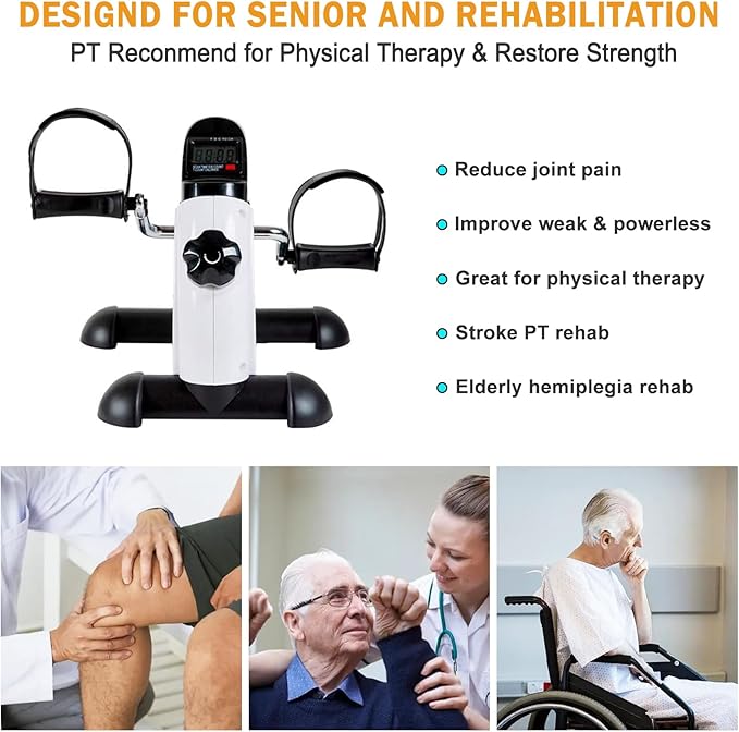 Under Desk Bike Pedal Exerciser, Portable Mini Exercise Bike with LCD Display for Home/Office, Desk Cycle for Leg/Arm with Handle, Leg Exerciser While Sitting for Seniors (White)