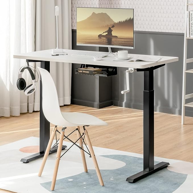Tangkula Hand Crank Stand Up Desk Frame, Manual Height Adjustable Standing Workstation with Foldable Crank Handle, Cable Management Tray, Headphone Hook, Ergonomic Sit Stand Desk Frame for Home Office