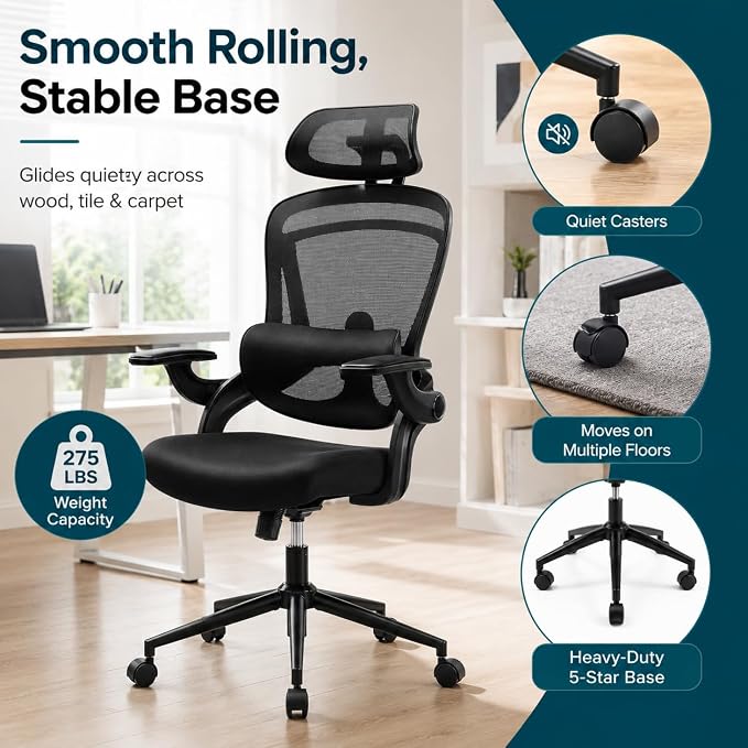 Ergonomic Office Chair, Home Office Desk Chairs with Adjustable Lumbar Support and Headrest, High Back Mesh Computer Desk Chair with 3D Flip-up Armrests & 360° Swivel Wheels, 275 LBS