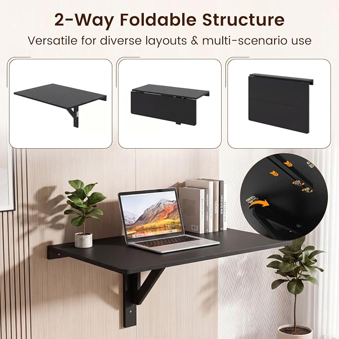 Tangkula 31.5" Wall Mounted Folding Desk, Drop-Leaf Floating Desk with Spacious Surface, Space-Saving Foldable Wall Table for Study, Bedroom, Laundry, Balcony & Small Spaces