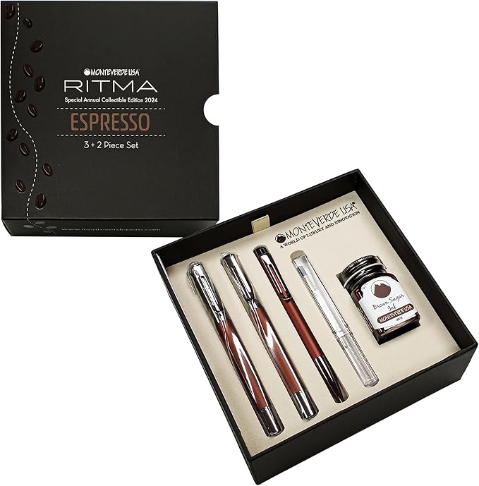 Monteverde Ritma 3+2 Piece Gift Set, Espresso - Includes Fine Nib Fountain Pen, Rollerball, Ballpoint, 30ml Ink & Refill - Elegant Writing Set for Collectors & Professionals