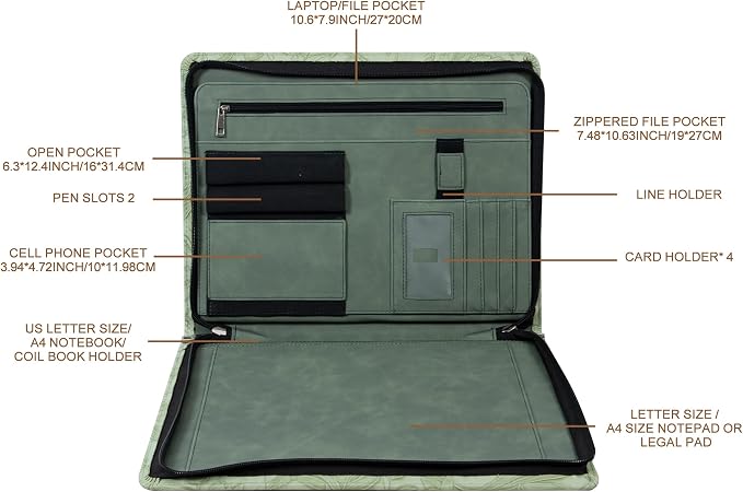 AZXCG Leather Portfolio with Zipper, Embossed Leather Padfolio for Women, Professional Business Portfolio Organizer fits 13" Tablet, Writing Pad Holder, Gifts for Women/Men, Valentine's Day Gift