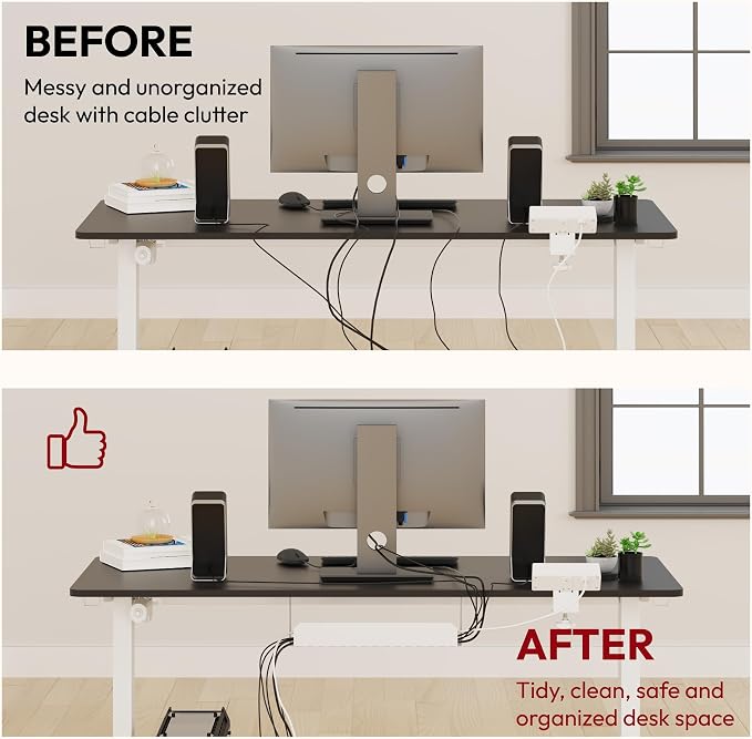 SANODESK Electric Standing Desk with Desk Clamp Power Strip 48"x 30" Whole-Piece Desktop Height Adjustable Stand Up Desk with Cable Management Sit Stand Home Office Desk White Frame/Black Top