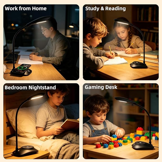 Desk Lamp for Home Office Compatible with MagSafe Wireless Fast Charging, Dimmable 3 Color Modes, 600LM, CRI 85, Adjustable Neck Study Lamps for College Dorm Room, Adapter Not Included, Black