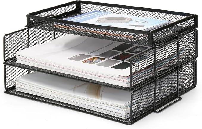Office Drawer Organizer, 2 Tiers Stackable Paper Tray Organizer for Desk, Standing Papers File, Black Mesh/Office File Collation