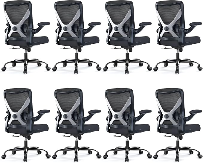 Ergalithic Office Chair: Mesh Ergonomic Desk Chair with 3D Lumbar & Swivel | 330LBS Computer Chair-Executive Task Chairs with Flip-up Arms Home Office Chairs Gaming Chair for Long Hours(Black-Pack of 8)